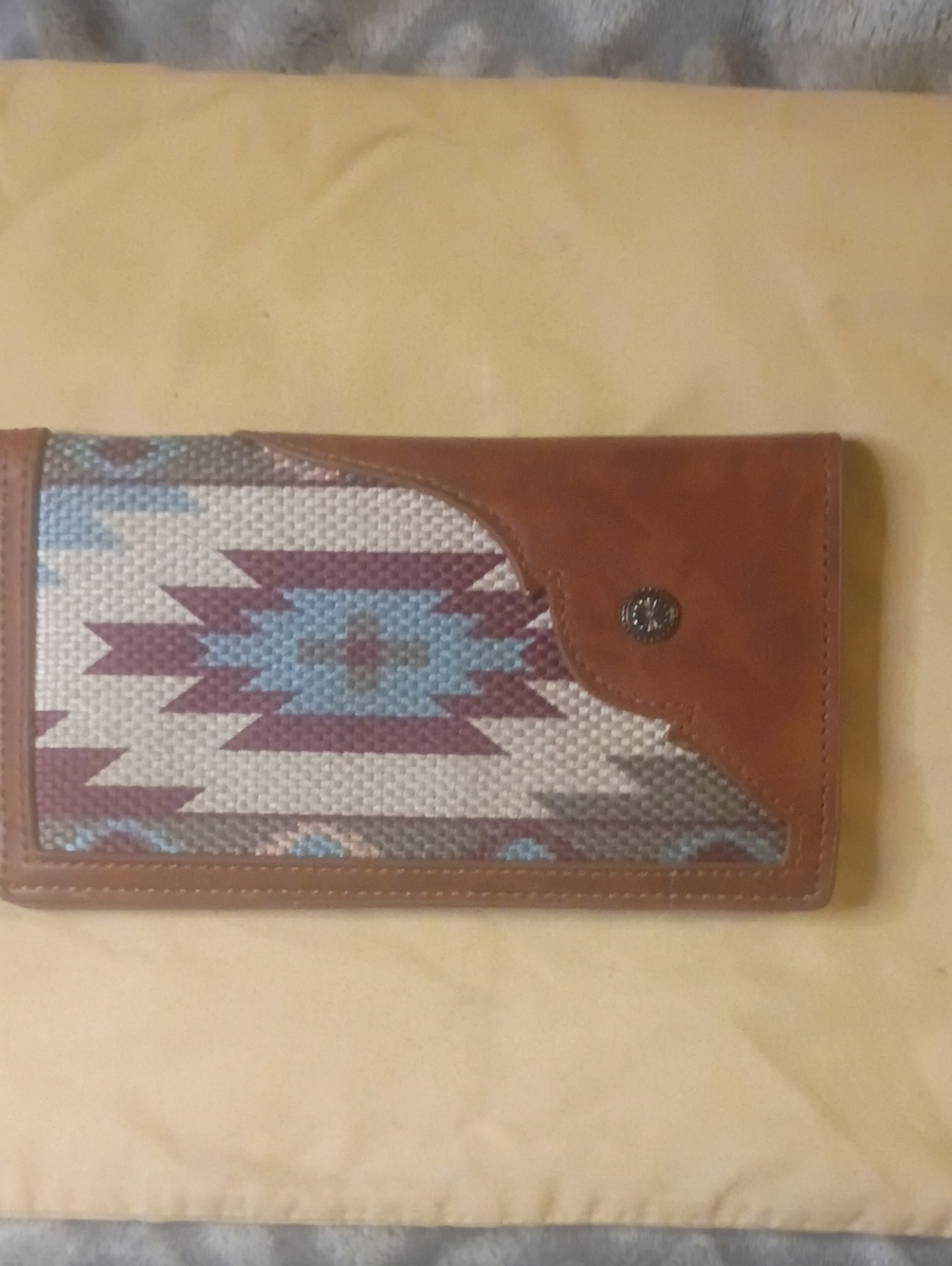 Brown Leather Wallet with Turquoise Aztec Pattern